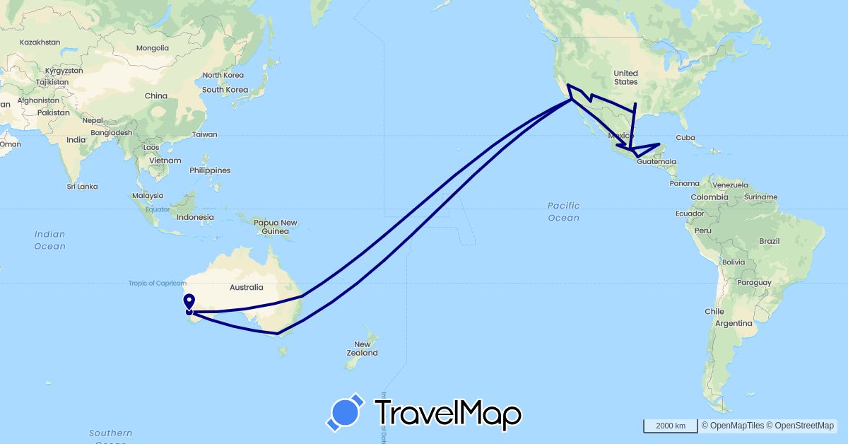 TravelMap itinerary: driving in Australia, Mexico, United States (North America, Oceania)